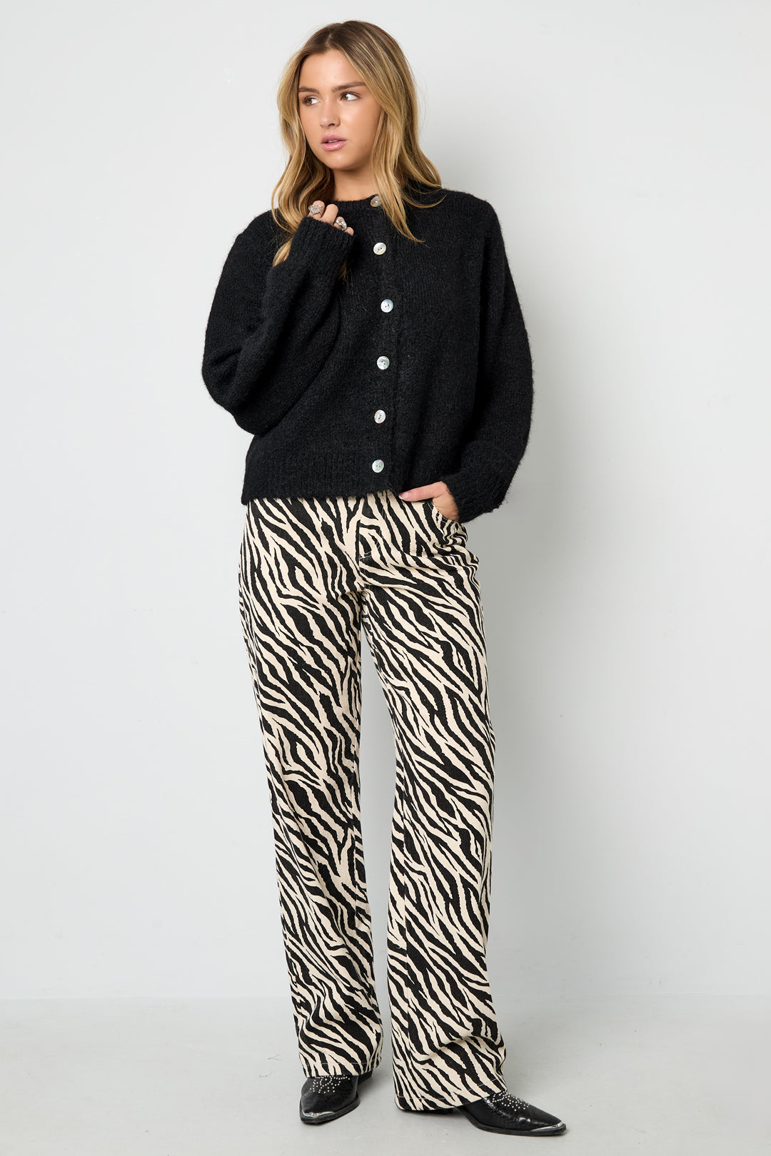 Tessuto Cotone Donna Pantaloni Dritti Casual Righe di Zebra