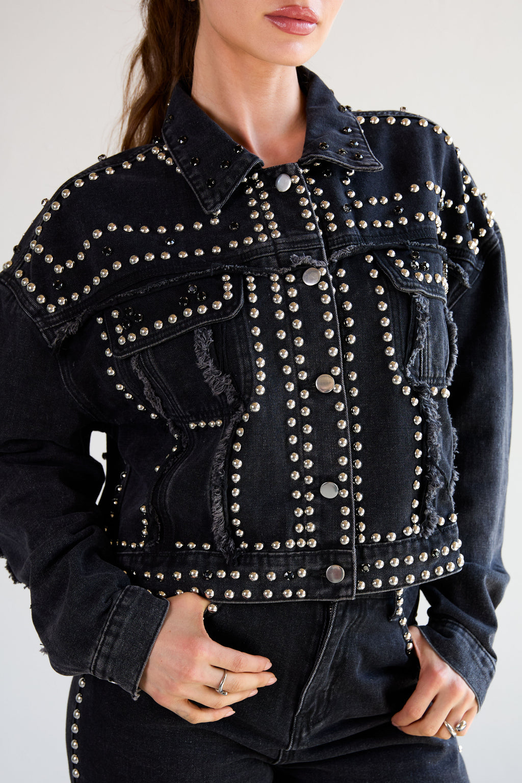 Cotone Tessuto Giacca di Jeans Donna Stile Street Colore Puro Design con Borchie