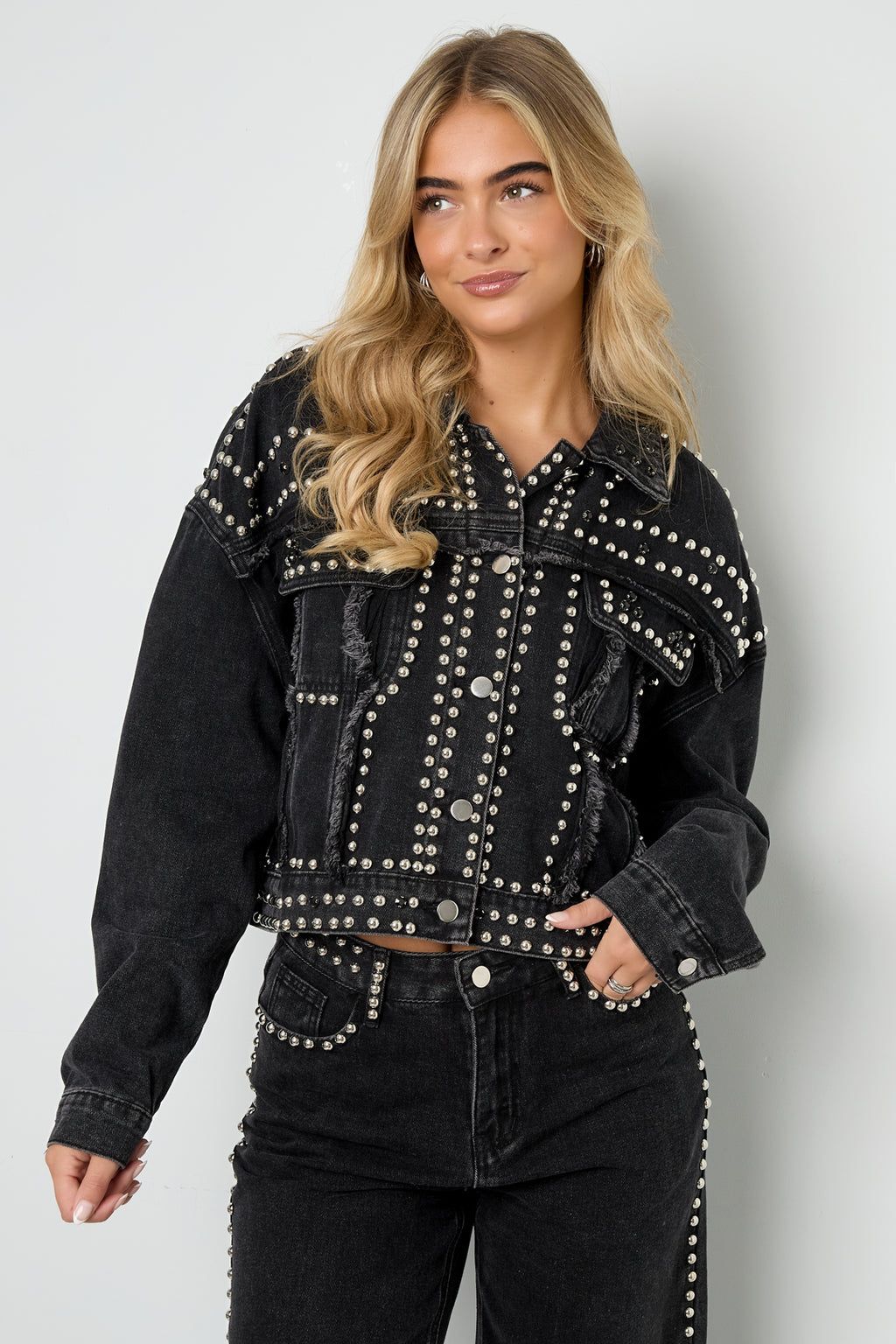 Cotone Tessuto Giacca di Jeans Donna Stile Street Colore Puro Design con Borchie