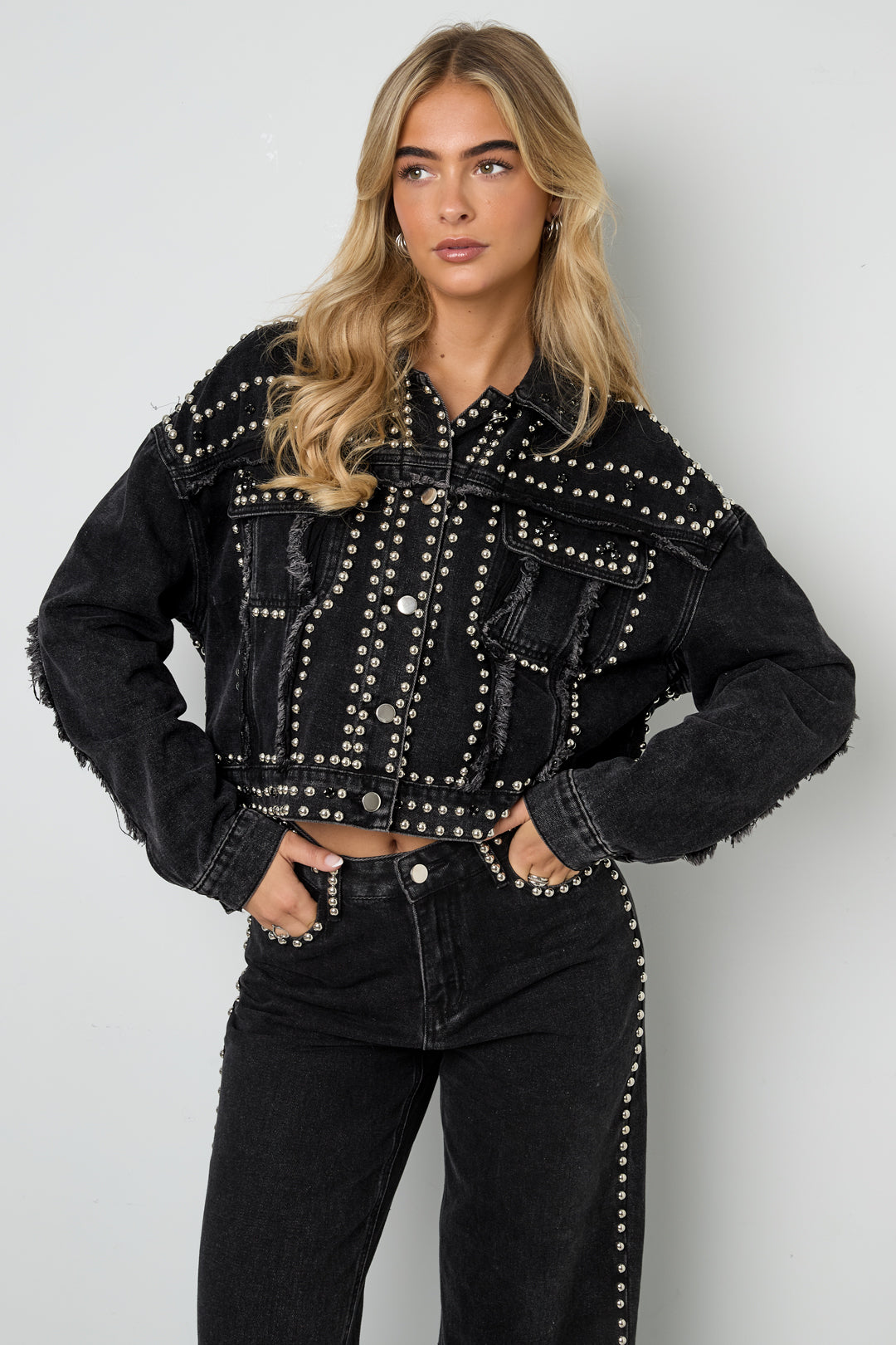 Cotone Tessuto Giacca di Jeans Donna Stile Street Colore Puro Design con Borchie