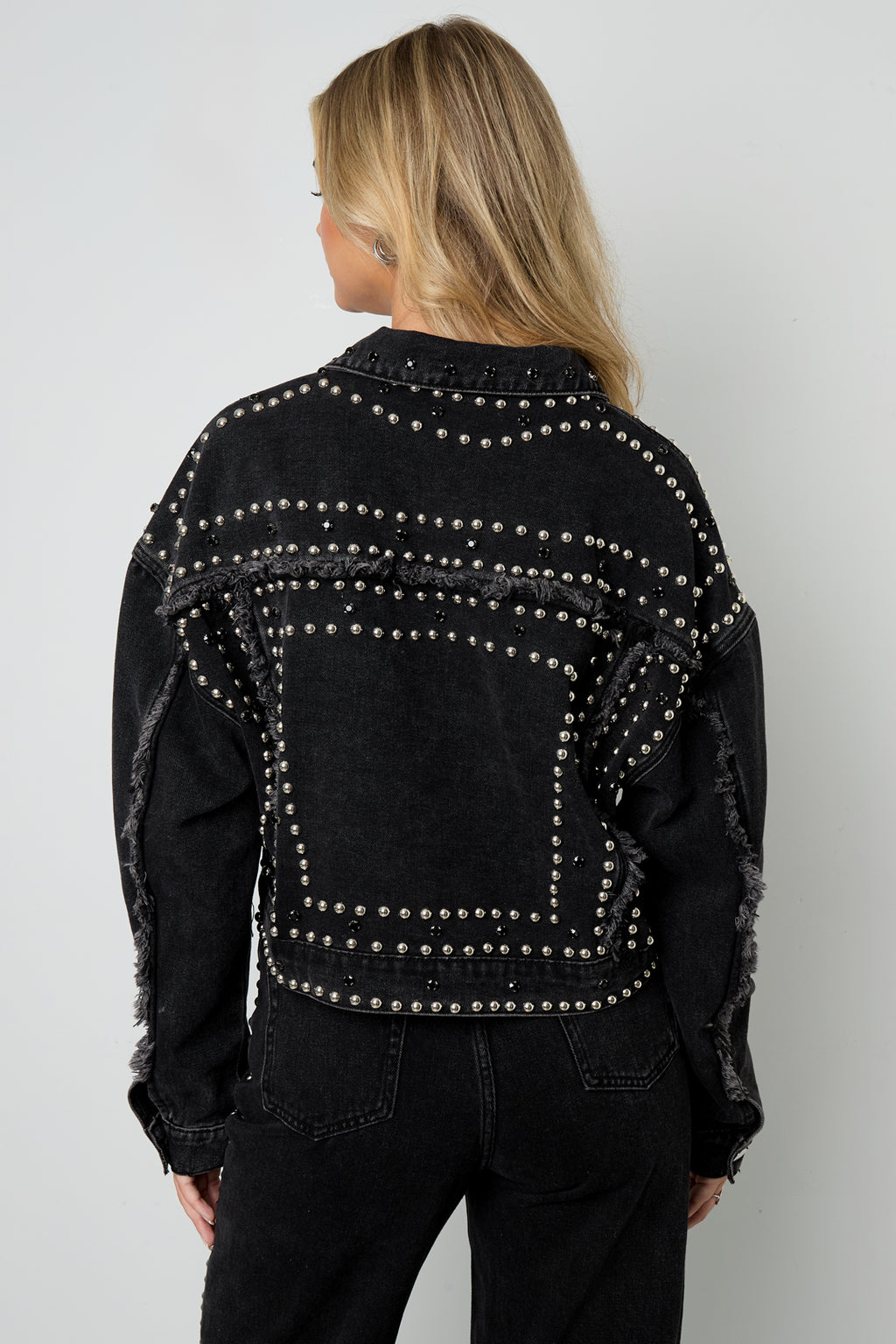 Cotone Tessuto Giacca di Jeans Donna Stile Street Colore Puro Design con Borchie